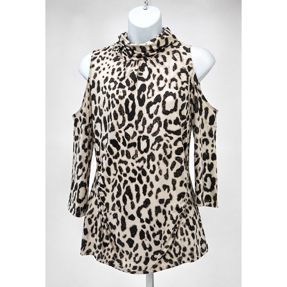 7th Avenue Design Studio Leopard Print Cold Shoulder Top Medium Animal Print